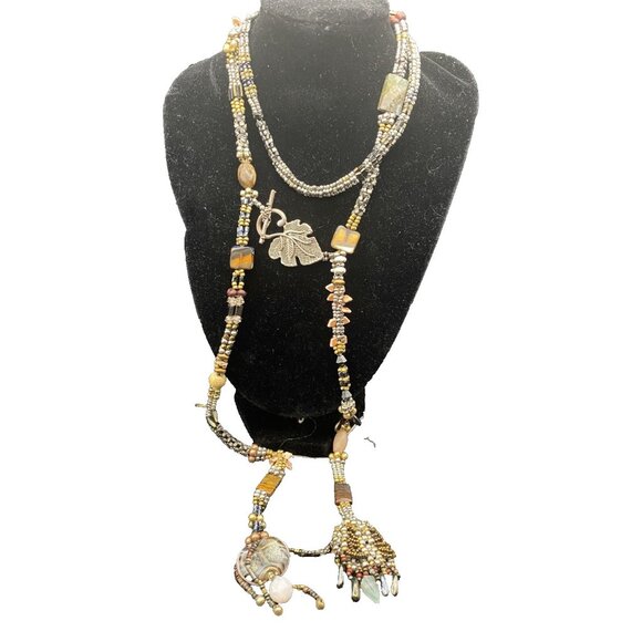 Artisan Jewelry - Artisan  Necklace Boho Natural Stone Shell Glass Bead Antiqued Bronze Toggle 38"